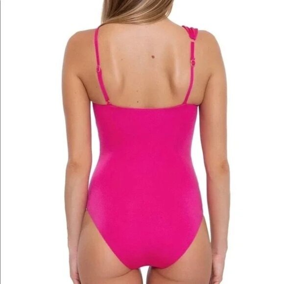 Trina Turk Monaco Asymmetrical One-Shoulder Pink Ruched Swimsuit Size 4 - Picture 3 of 8